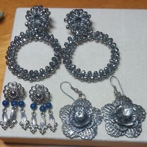 3 Pair Lot Silvertone Statement Earrings Flower Crystal Bead